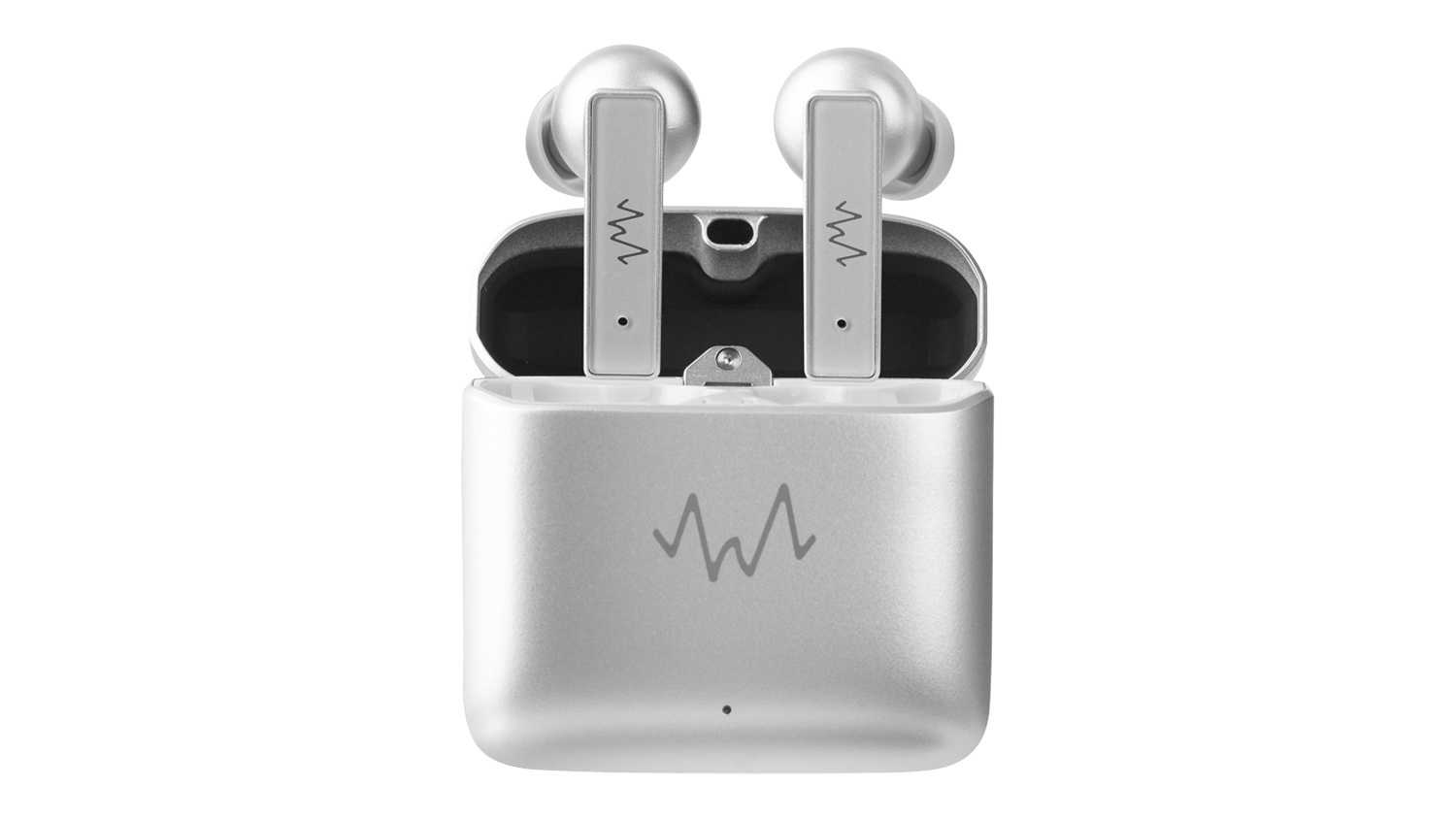 Silver Wave Audio true wireless earbuds in an open metallic charging case