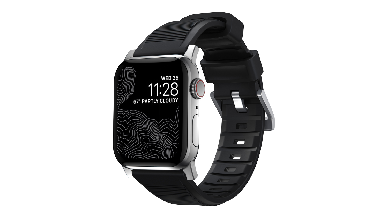 Apple Watch with textured black rubber strap, topographic map display screen, metal lugs, and classic buckle clasp