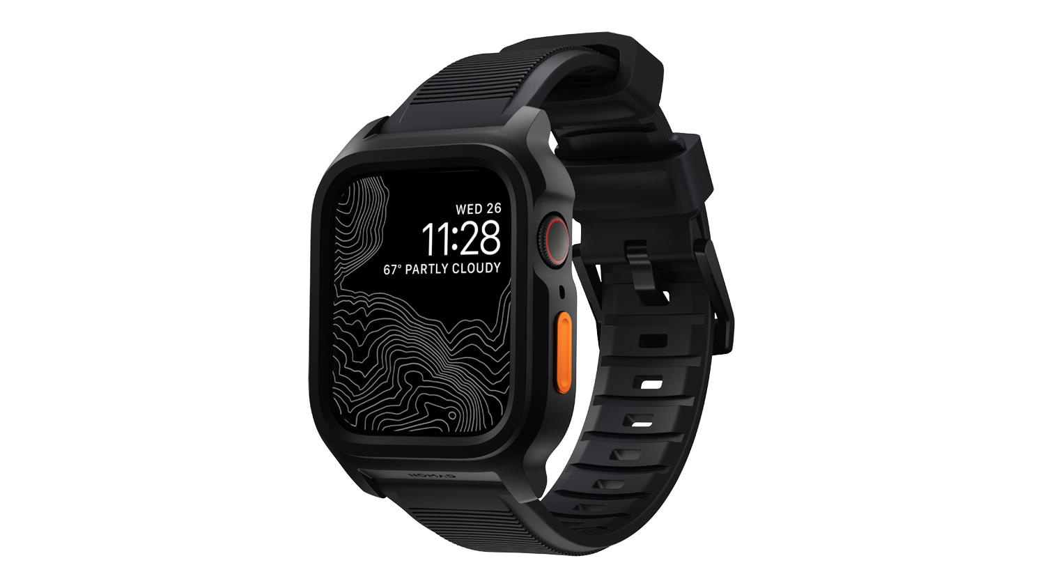 Apple Watch with textured black rubber strap, topographic map display screen, metal lugs, and classic buckle clasp