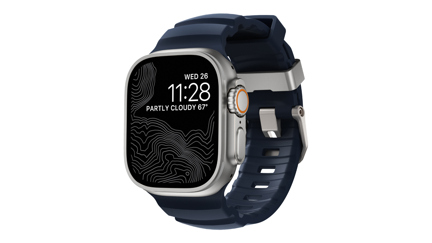 An Apple Watch Ultra with atlantic blue-coloured ribbed strap, topographic map screen display, orange accents, and metal hardware