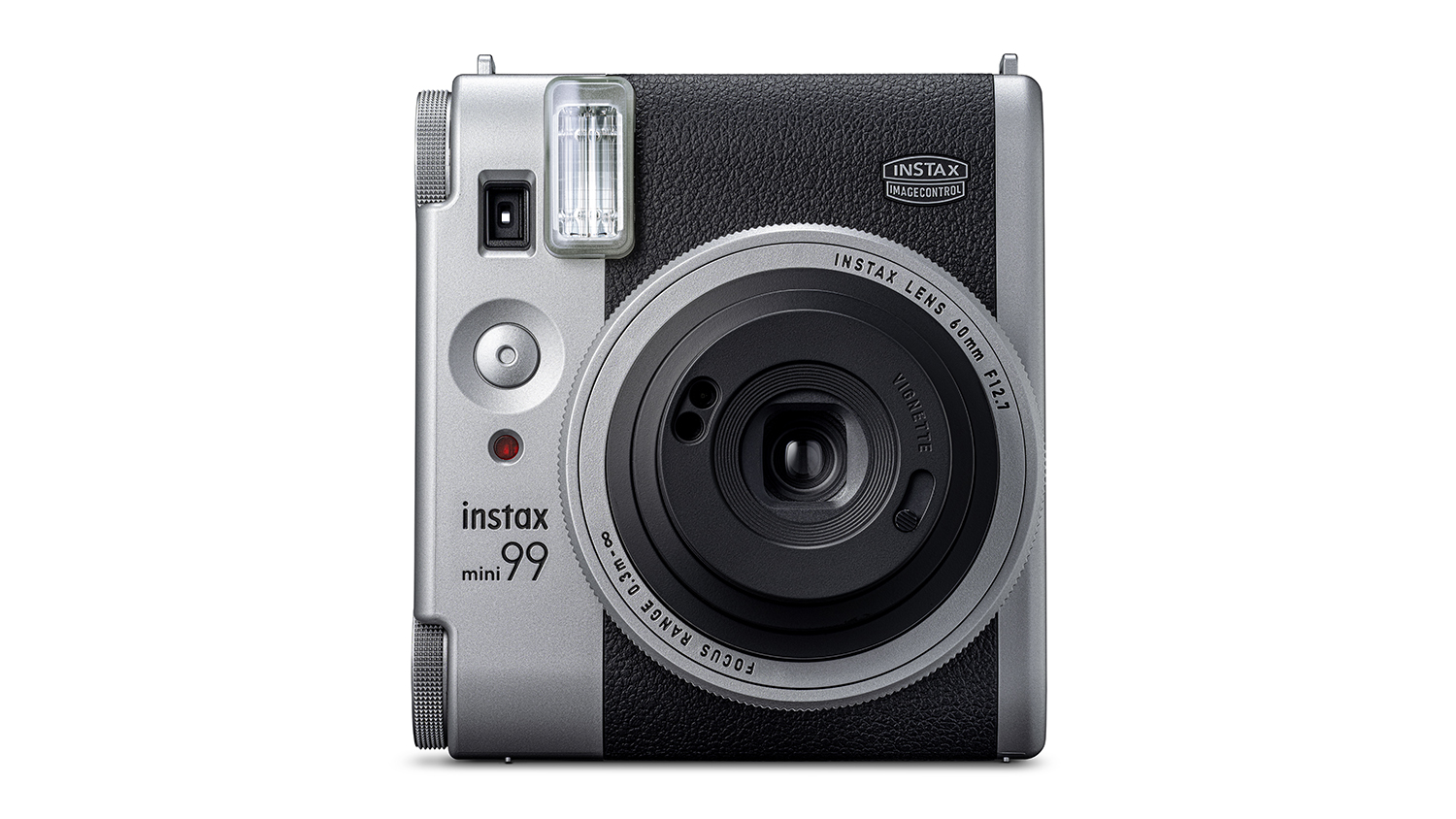 Fujifilm Instax Mini 99 instant camera front view in silver on white background