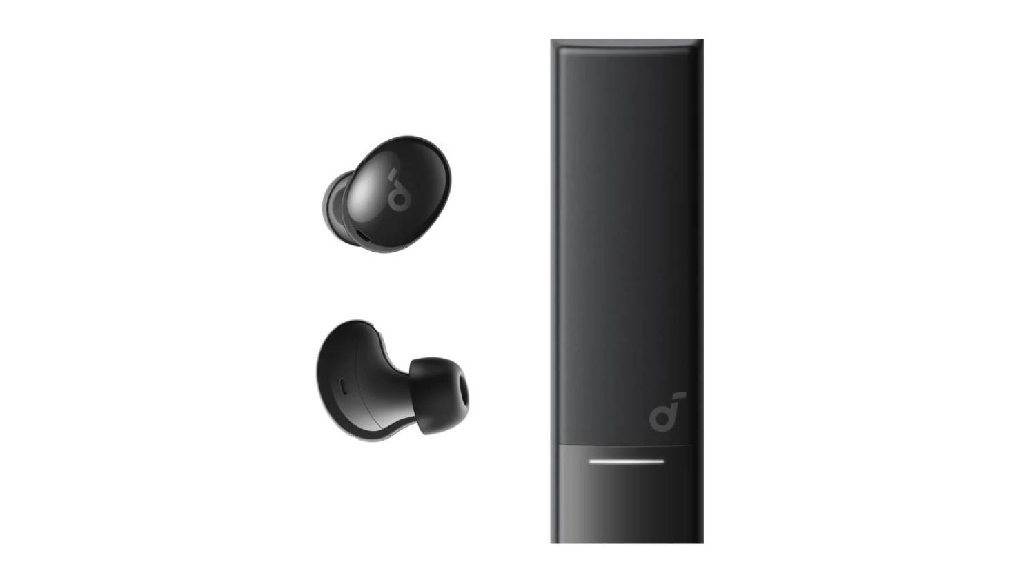 Soundcore A30i true wireless earbuds in black displayed beside the compact lipstick-style charging case