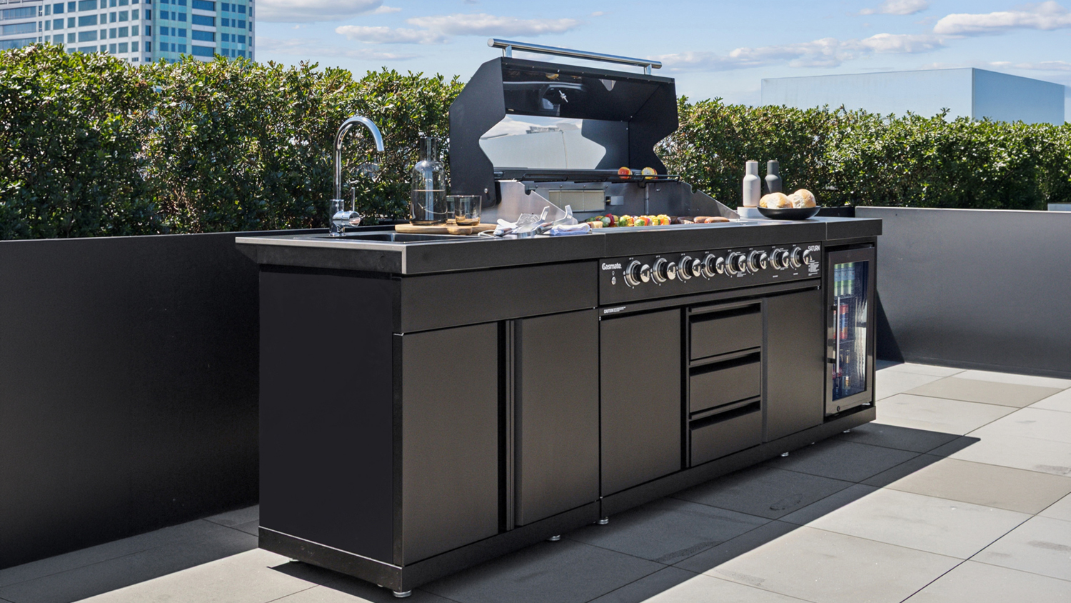 Gasmate Saturn 6-Burner Gas BBQ Outdoor Kitchen with Sink, Storage and Fridge - Black (BQ3500)