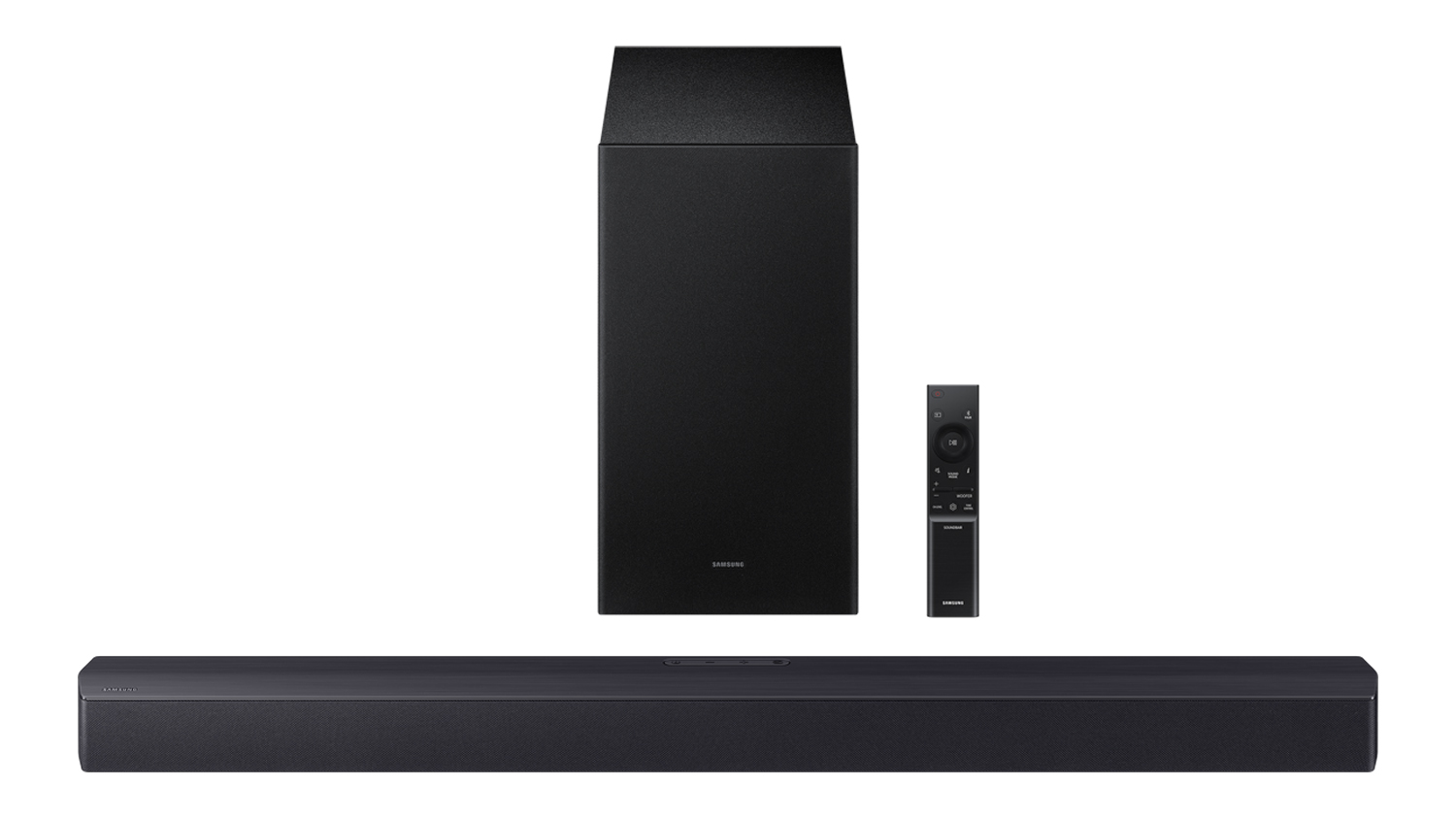 Samsung B-Series 2.1 Channel soundbar with wireless subwoofer and remote control, displayed together
