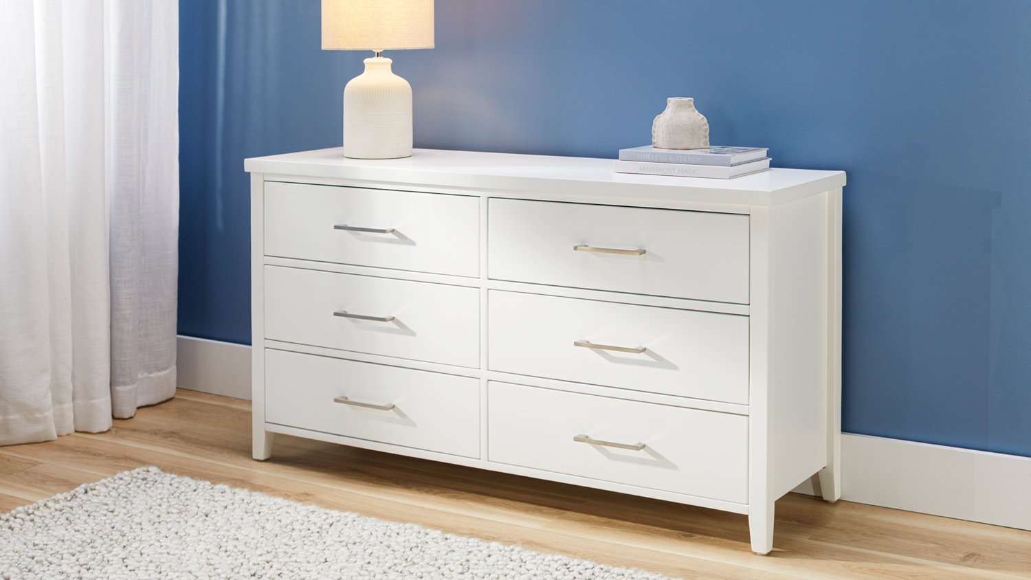 Front view of Alphine 6 Drawer Lowboy in an elegant white colour