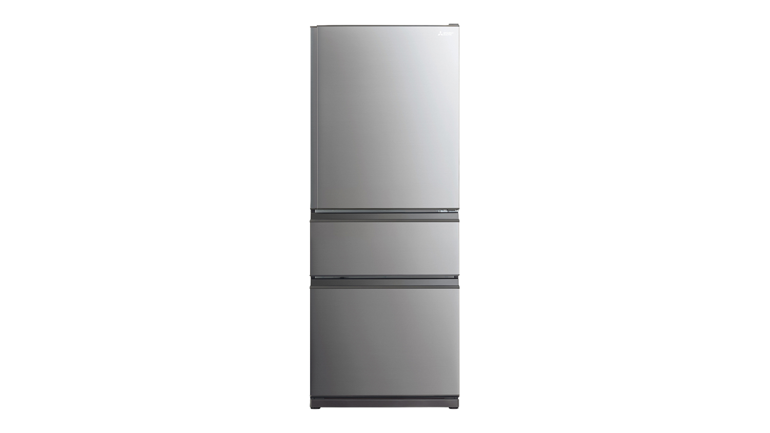 Mitsubishi 450L Silver multi-drawer fridge freezer, front view on white background