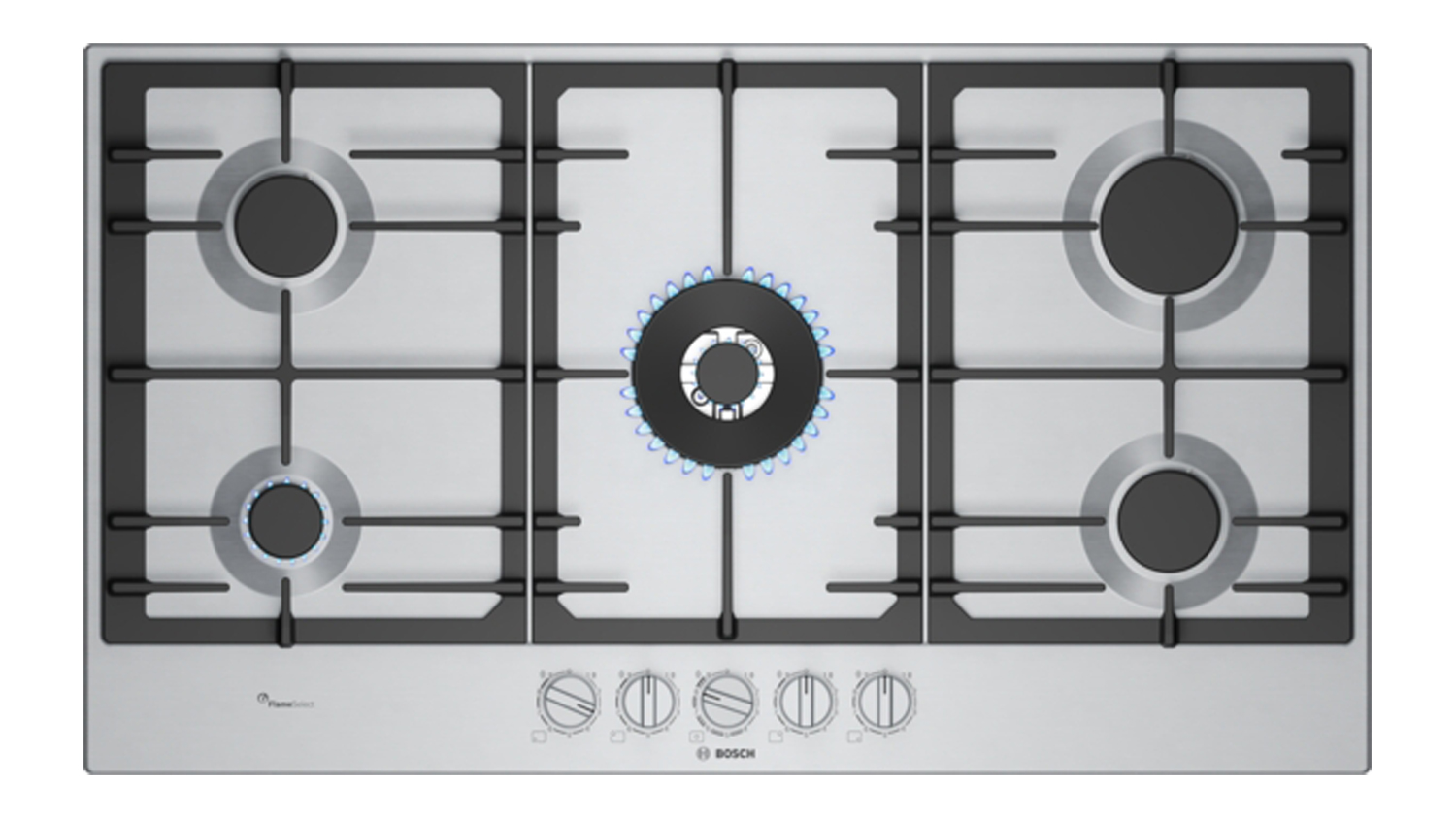 Top-down view of the Bosch Series 6 90cm gas cooktop in stainless steel, featuring five burners