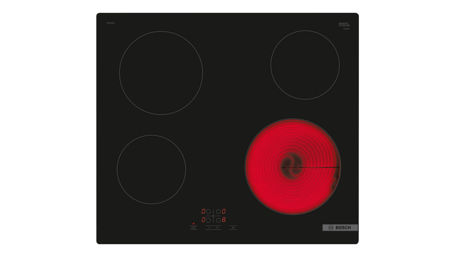 Bosch Series 4 60cm ceramic cooktop with four cooking zones on a black glass surface. One zone is illuminated red