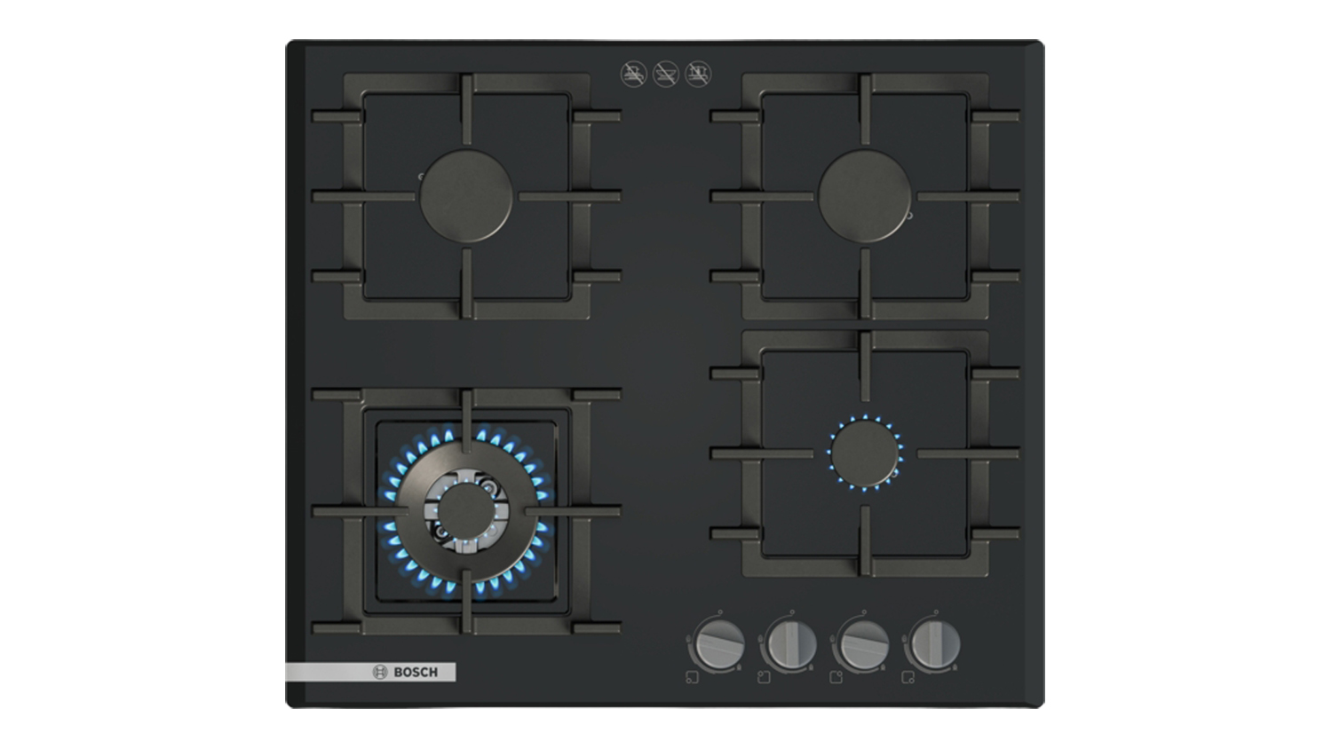Top-down view of the Bosch Series 4 60cm black gas cooktop featuring four burners
