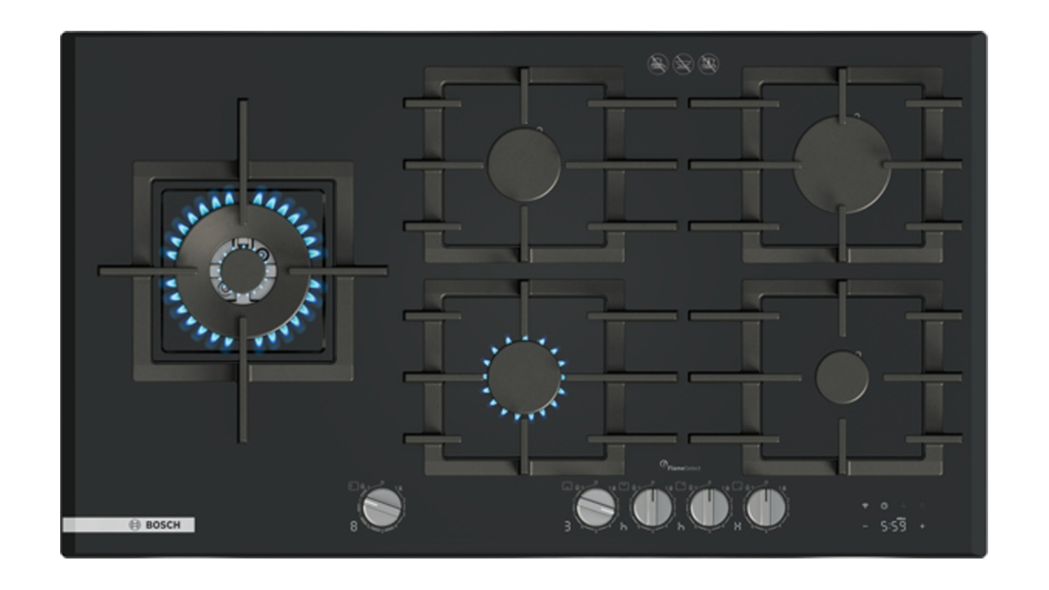 Top-down view of the Bosch Series 8 90cm black gas cooktop featuring five burners, including a high-power wok burner