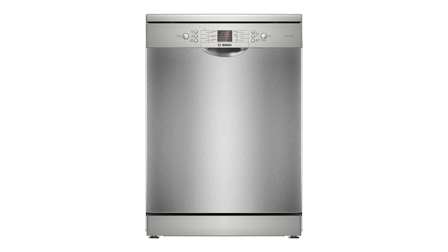 Front view of the Bosch Series 2 freestanding dishwasher in stainless steel, featuring a sleek finish