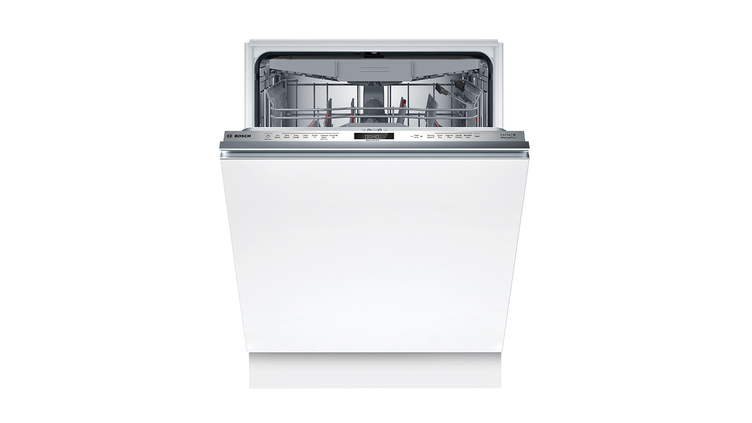 Bosch Series 6 fully integrated dishwasher with the door closed and the upper rack partially extended