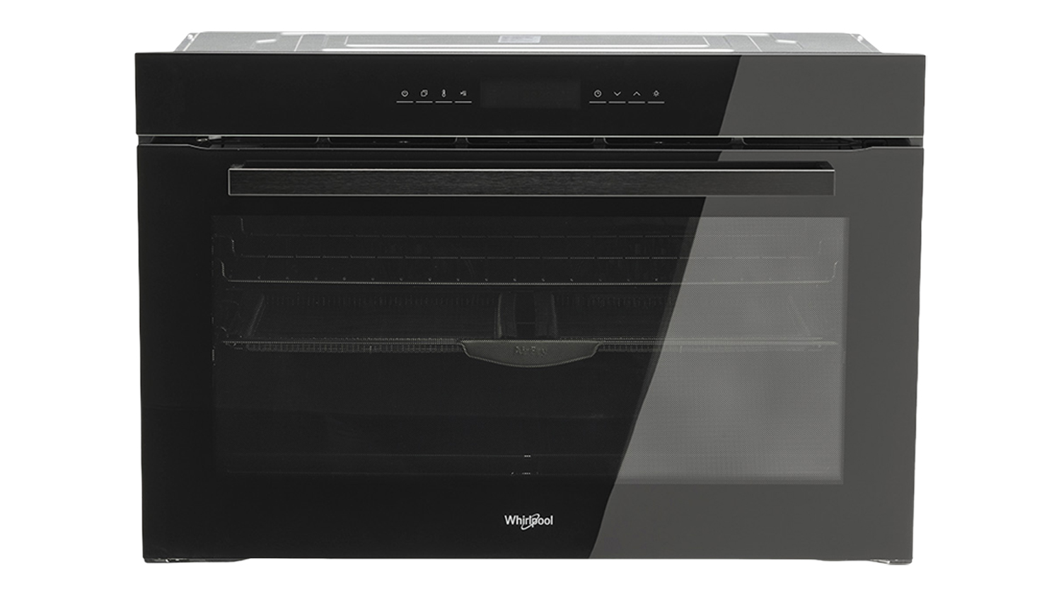 Whirlpool 90cm built-in oven in black with a large glass door and touch controls, shown from the front