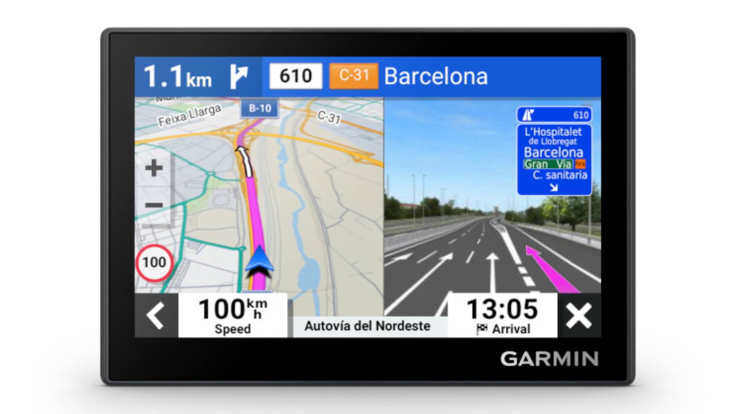 Front view of the Garmin Drive 53 5-inch GPS navigator displaying a colour navigation map with turn-by-turn directions