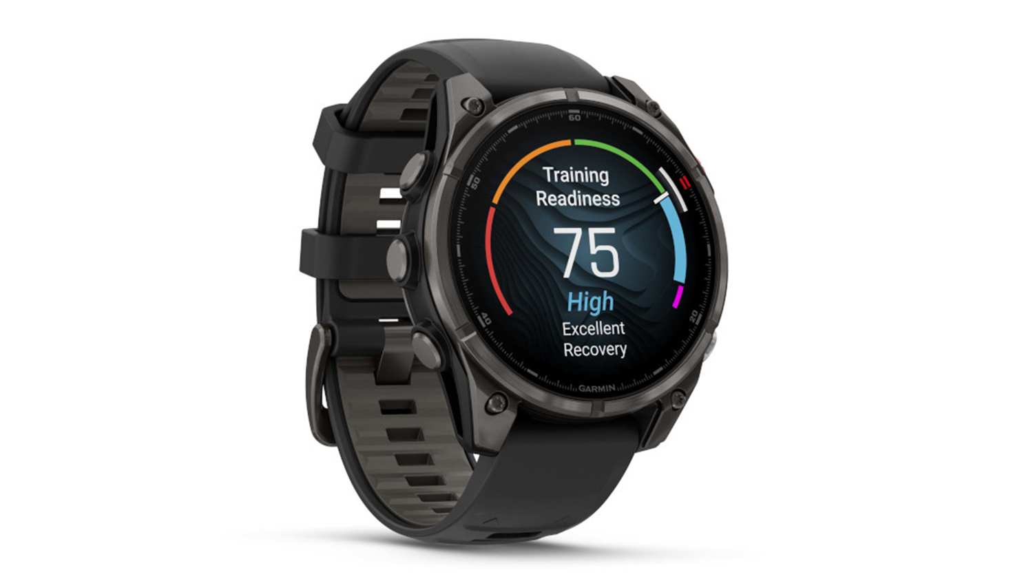 A Garmin Fenix 8 Pro Smartwatch in a Carbon Grey Titanium Case with Black/Pebble Grey Silicone Band