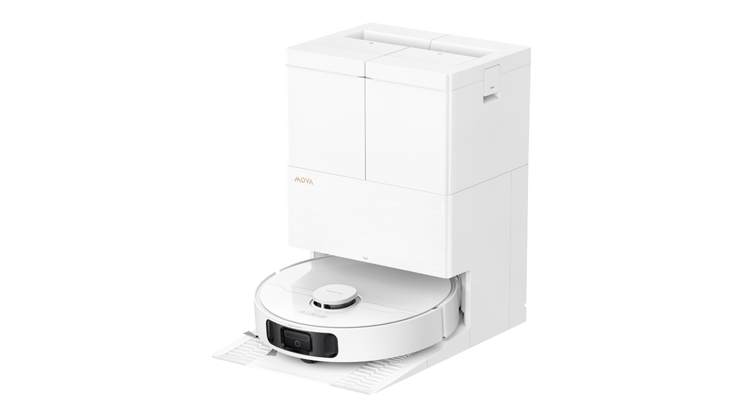 Front angle view of the white Mova E50 Ultra Robotic Vacuum Cleaner & Mop with an auto dust-emptying, mop-washing, and drying docking station