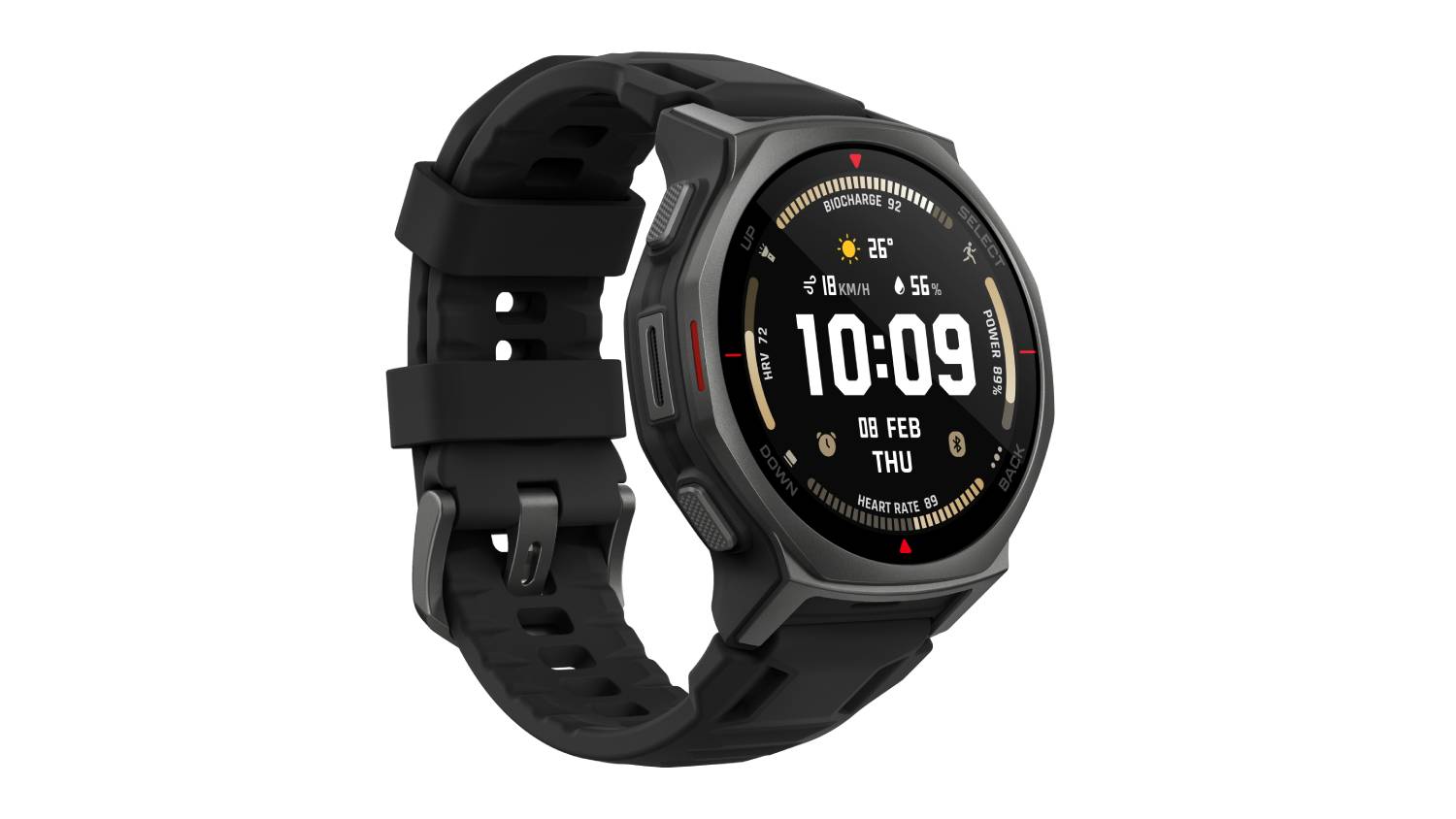 Angled view of the Amazfit T-Rex 3 Pro smartwatch in black with a rugged titanium polymer case and liquid silicone band