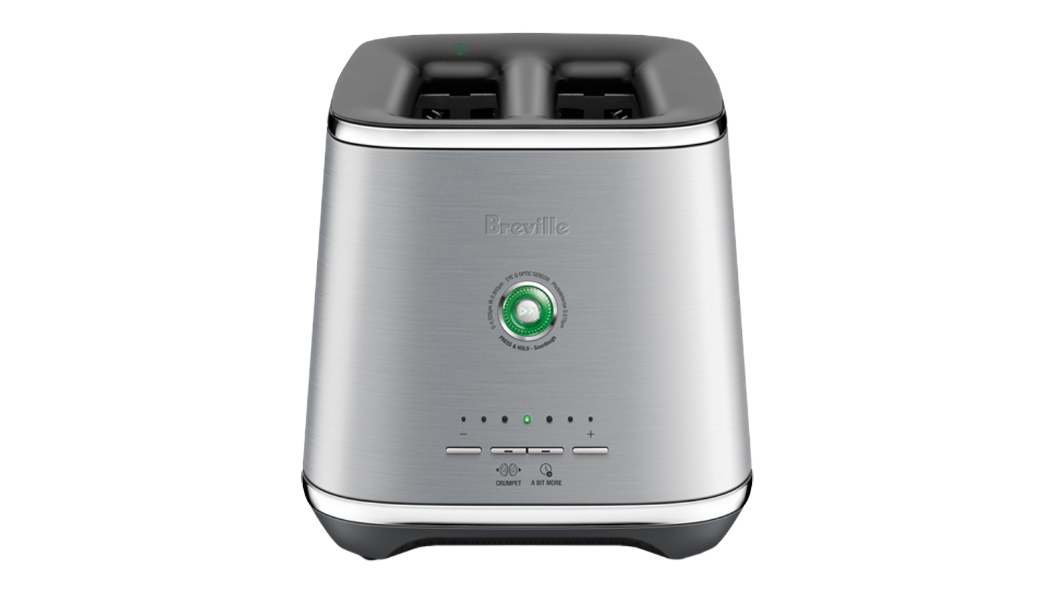 A Breville the Eye Q 850 Auto 2 Slice Toaster in a sleek brushed stainless Steel finish