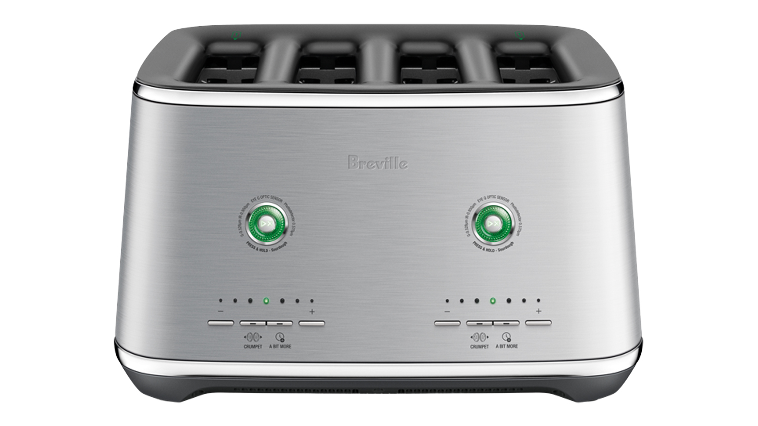 A Breville the Eye Q 870 Auto 4 Slice Toaster in a sleek brushed stainless Steel finish