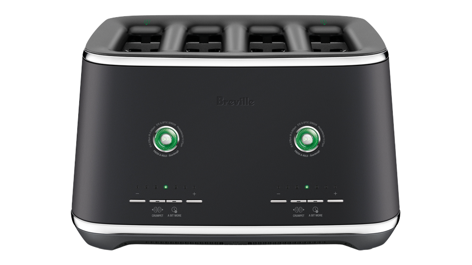 A Breville the Eye Q 870 Auto 4 Slice Toaster in a sleek black truffle finish