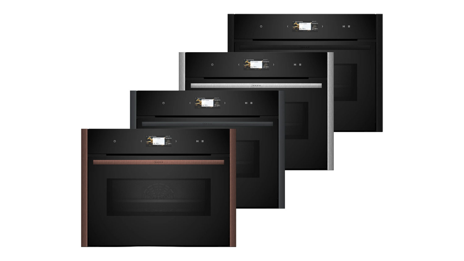 Neff N 90 Series Built-In Compact Oven with Microwave Function shown in multiple Flex Design trim options