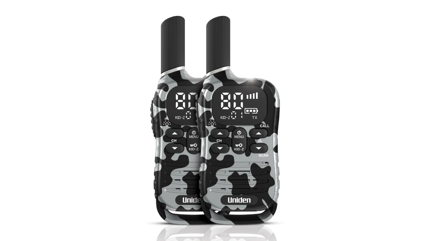 Pair of Uniden UH45 Max UHF handheld radios with LCDs, antennas, and front control buttons