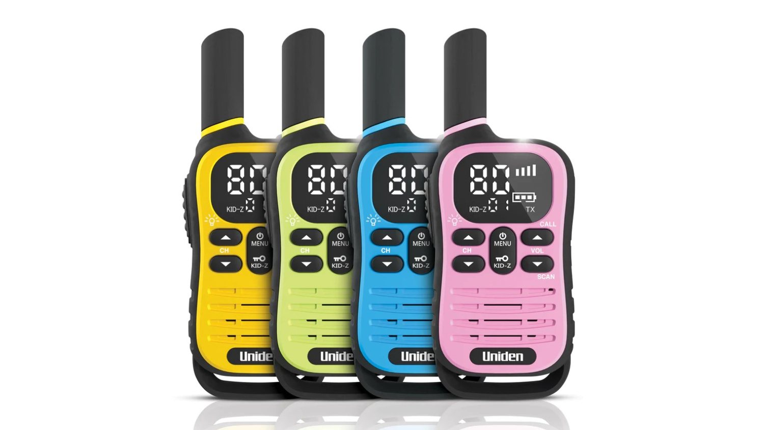 Front view of four colourful Uniden UH45 Max UHF handheld radios in yellow, green, blue, and pink displayed side by side