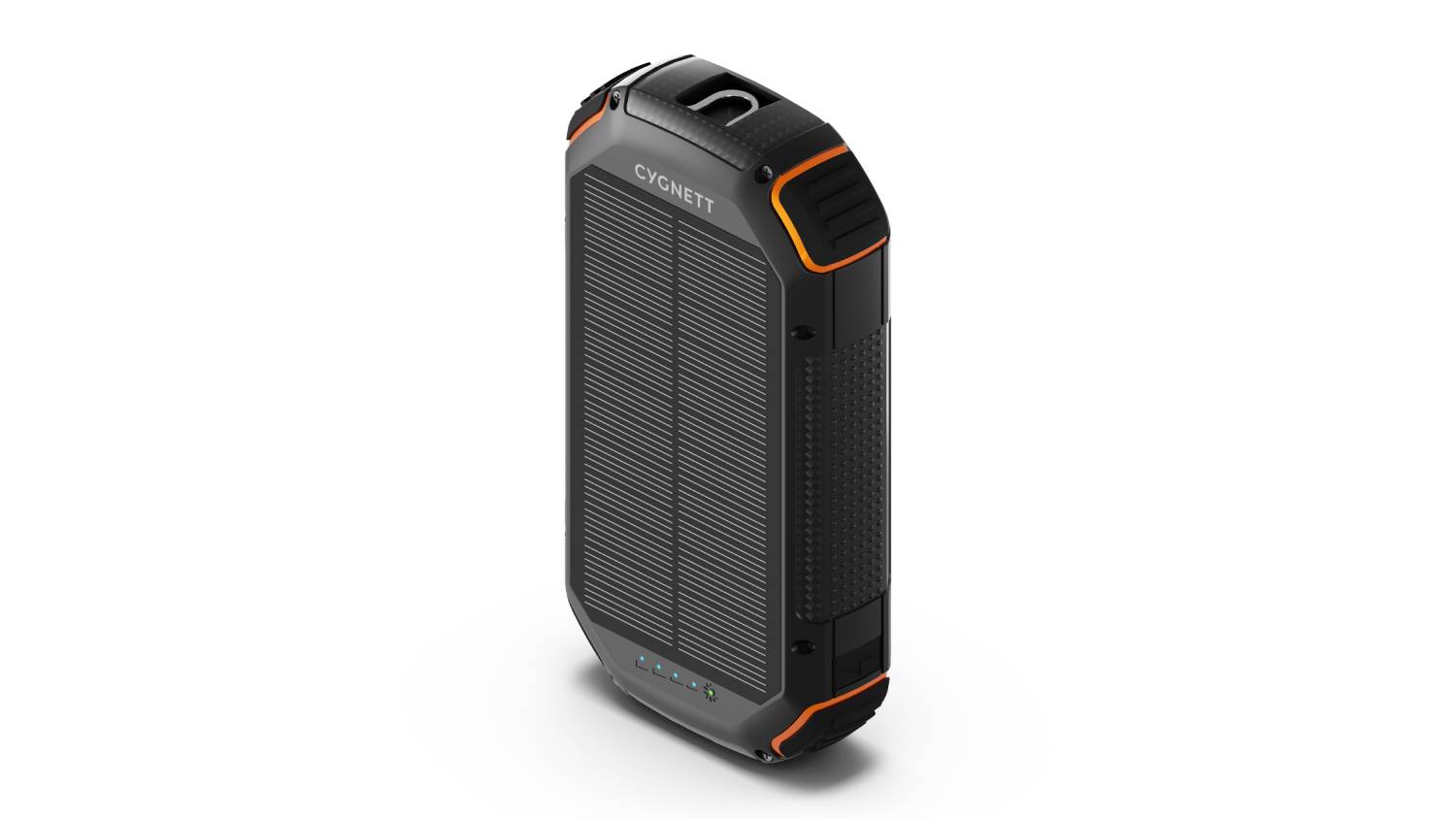 Cygnett Outback Gen3 20,000mAh wired power bank in black and orange, shown in an angled front-side view