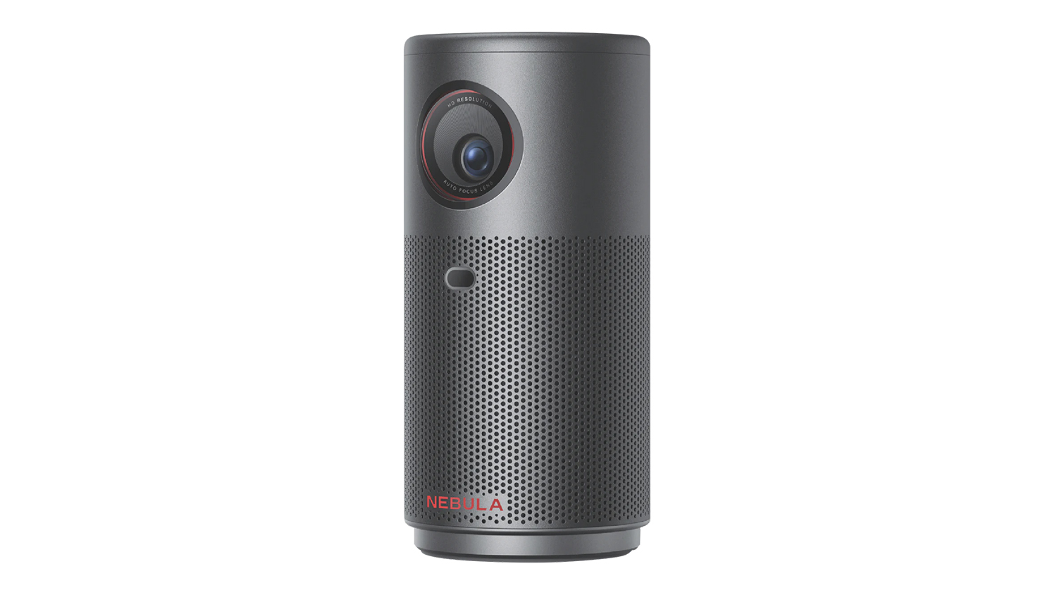 Front view of the Soundcore Nebula Capsule Air Smart 720P Portable Projector, featuring a cylindrical design and a built-in speaker grille