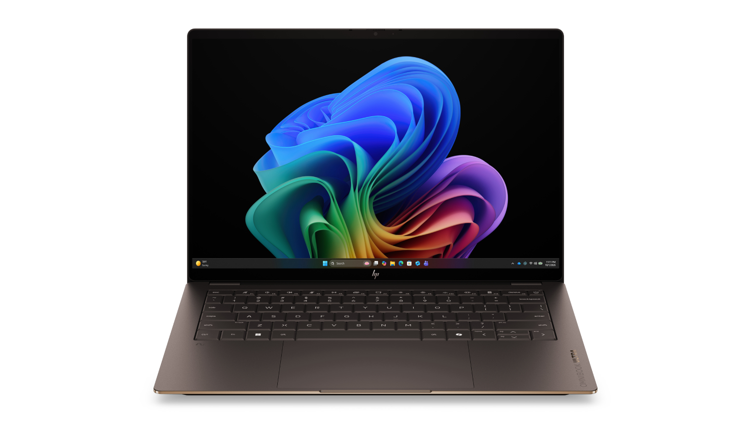 Front view of the HP OmniBook Ultra 14-inch laptop with a colourful Windows desktop display