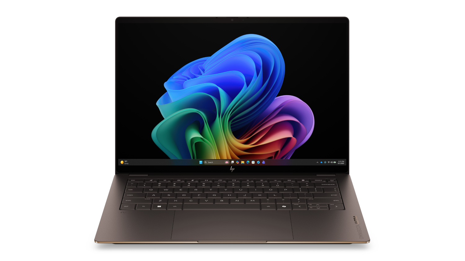 Front view of the HP OmniBook Ultra 14-inch laptop with a colourful Windows desktop display