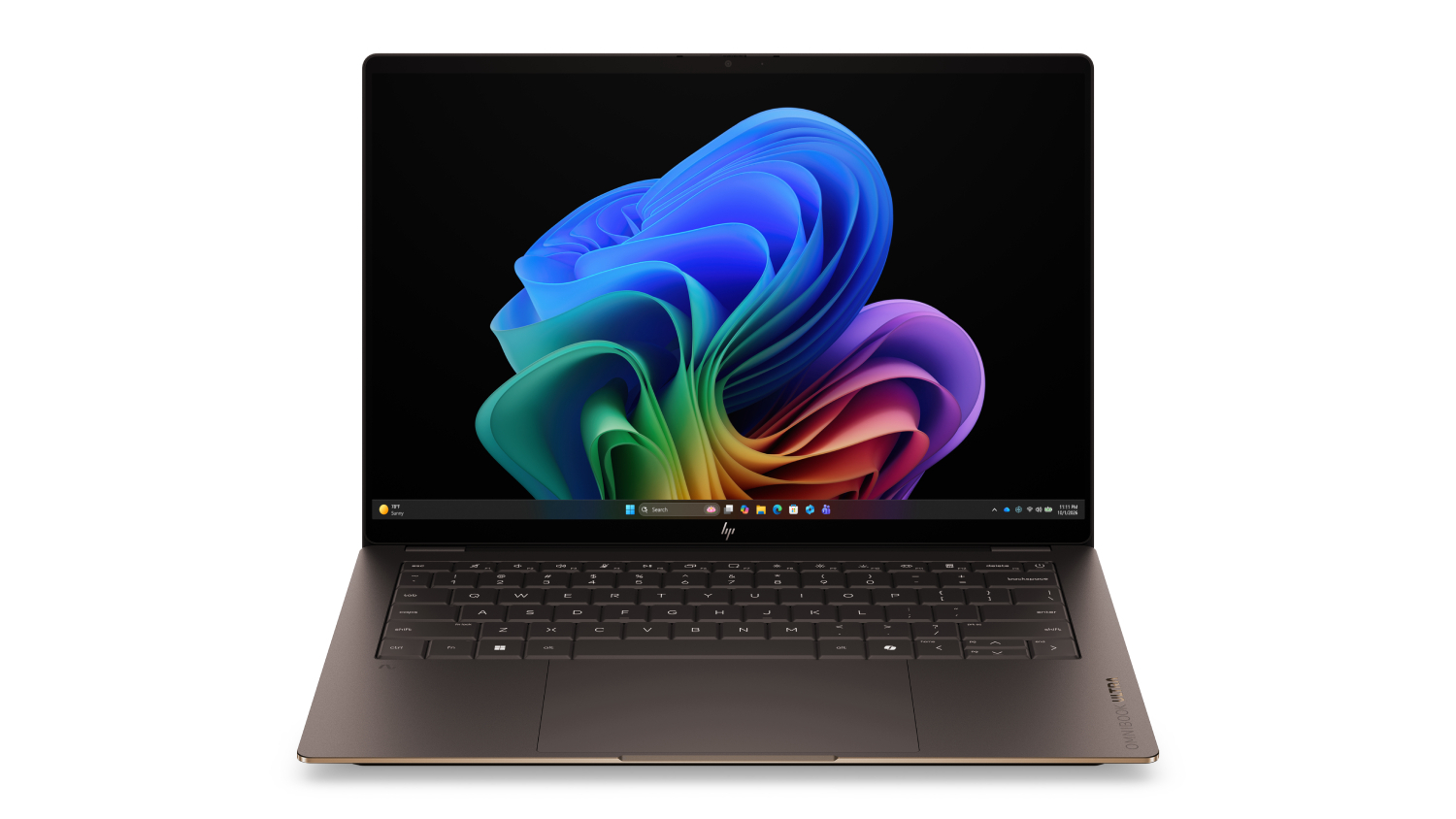 Front view of the HP OmniBook Ultra 14-inch laptop with a colourful Windows desktop display