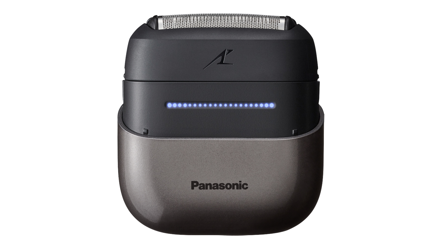 Front view of the Panasonic 3-Blade Palm-Sized Wet & Dry Cordless Shaver in its charging case with the blue battery LED indicator illuminated