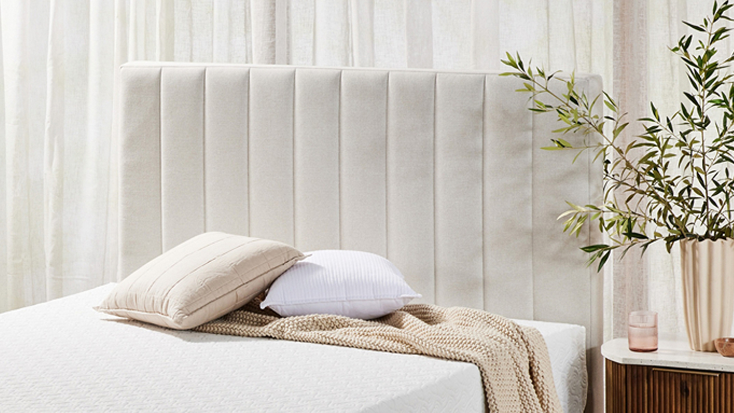 Close-up view of the Majestic Home Kyoto Super King Upholstered Headboard by Mlily in a modern bedroom