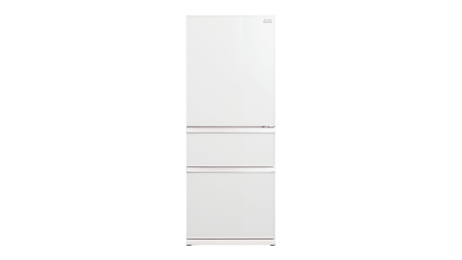 Straight-on product image of the Mitsubishi Electric 450L multi drawer fridge freezer in Glass White