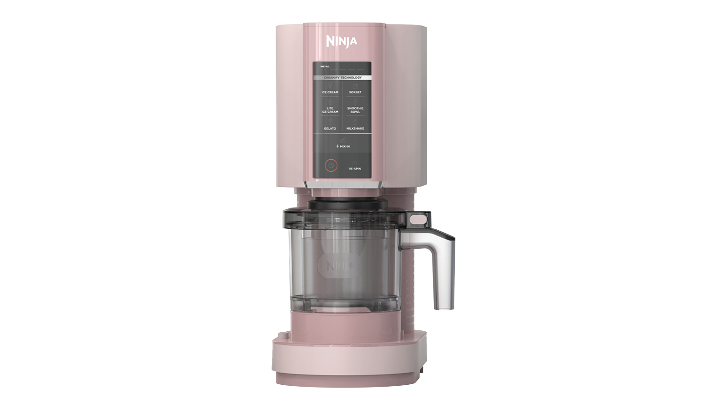 Angled front view of the strawberry pink Ninja Creami ice cream maker