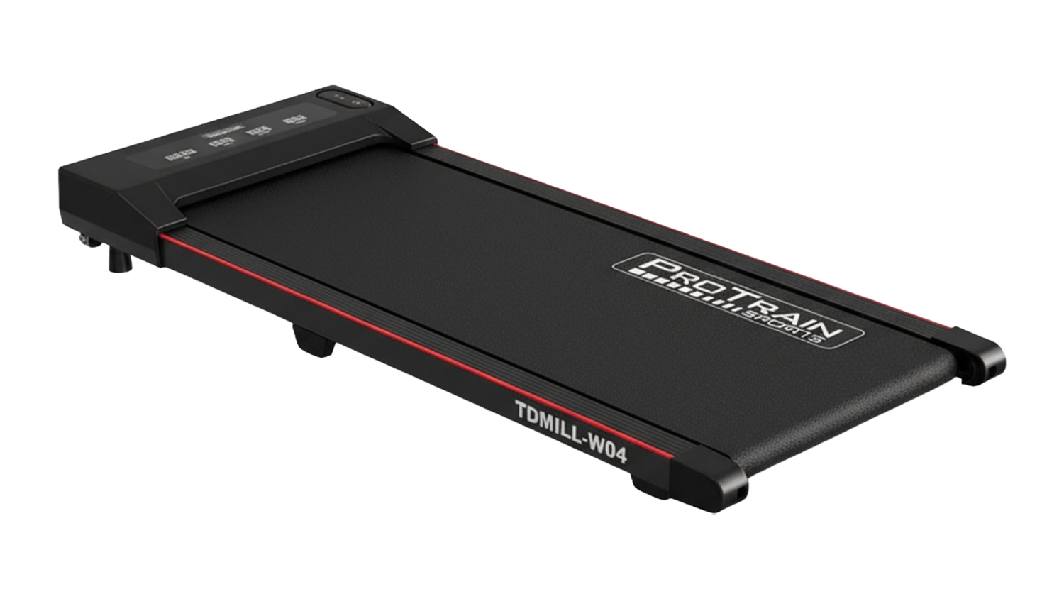 Black PROTRAIN Slimline walking pad with red trim and front control panel, compact low-profile design