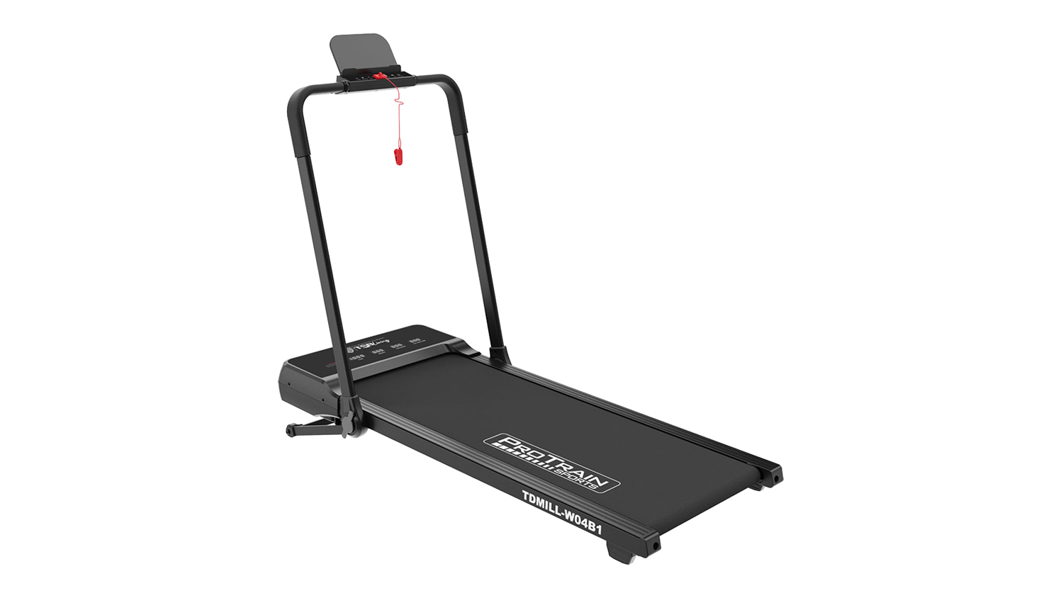 A black Pro Train walking pad treadmill with a raised handlebar and red safety key