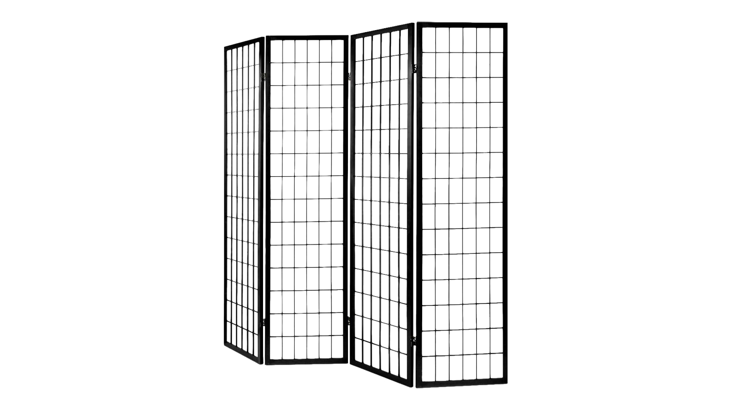 Black DS Room Divider E P1, four-panel room divider with white grid-pattern screens