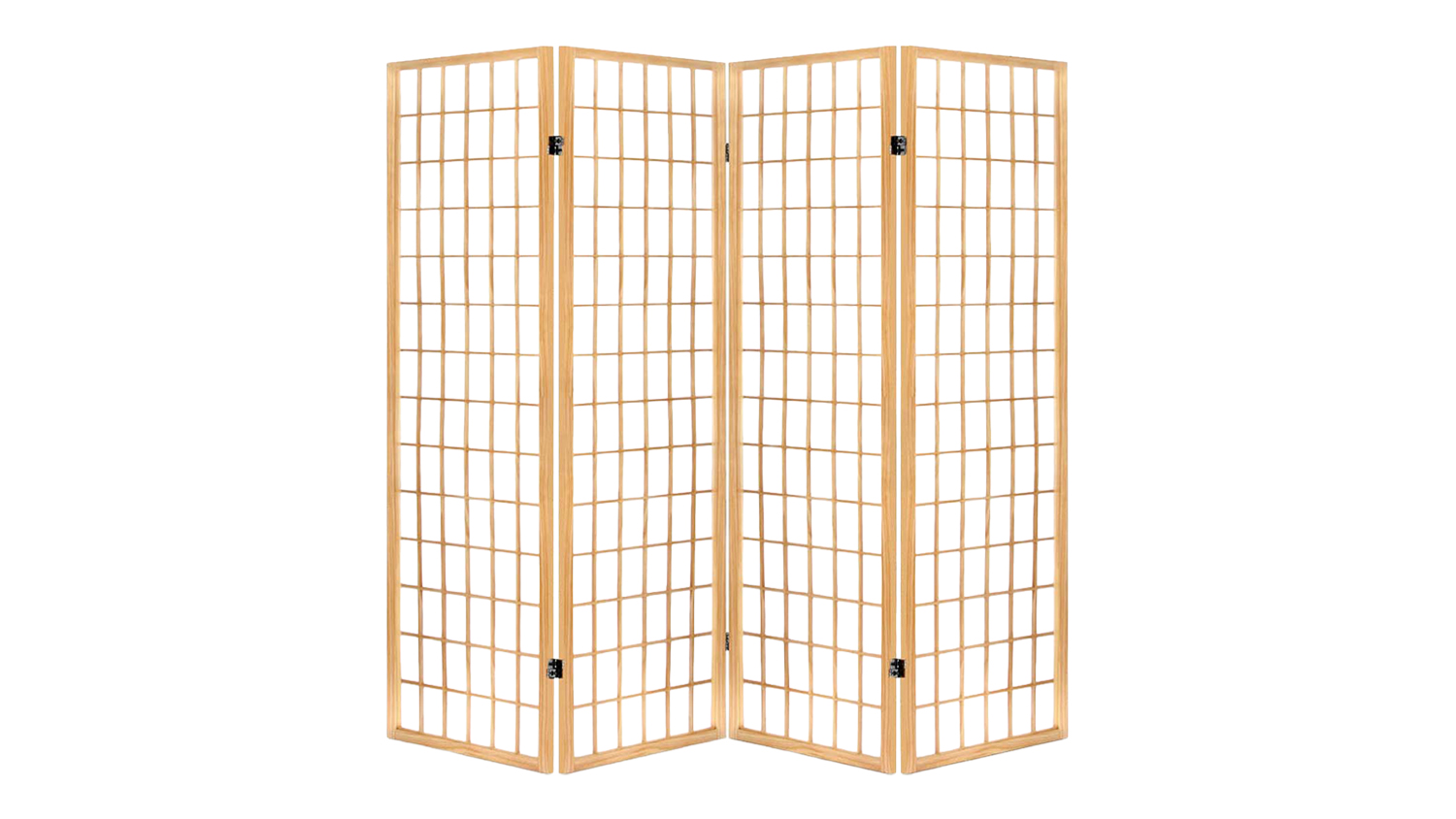 Four-panel folding room divider with a natural pine wood frame and white shoji-style panels