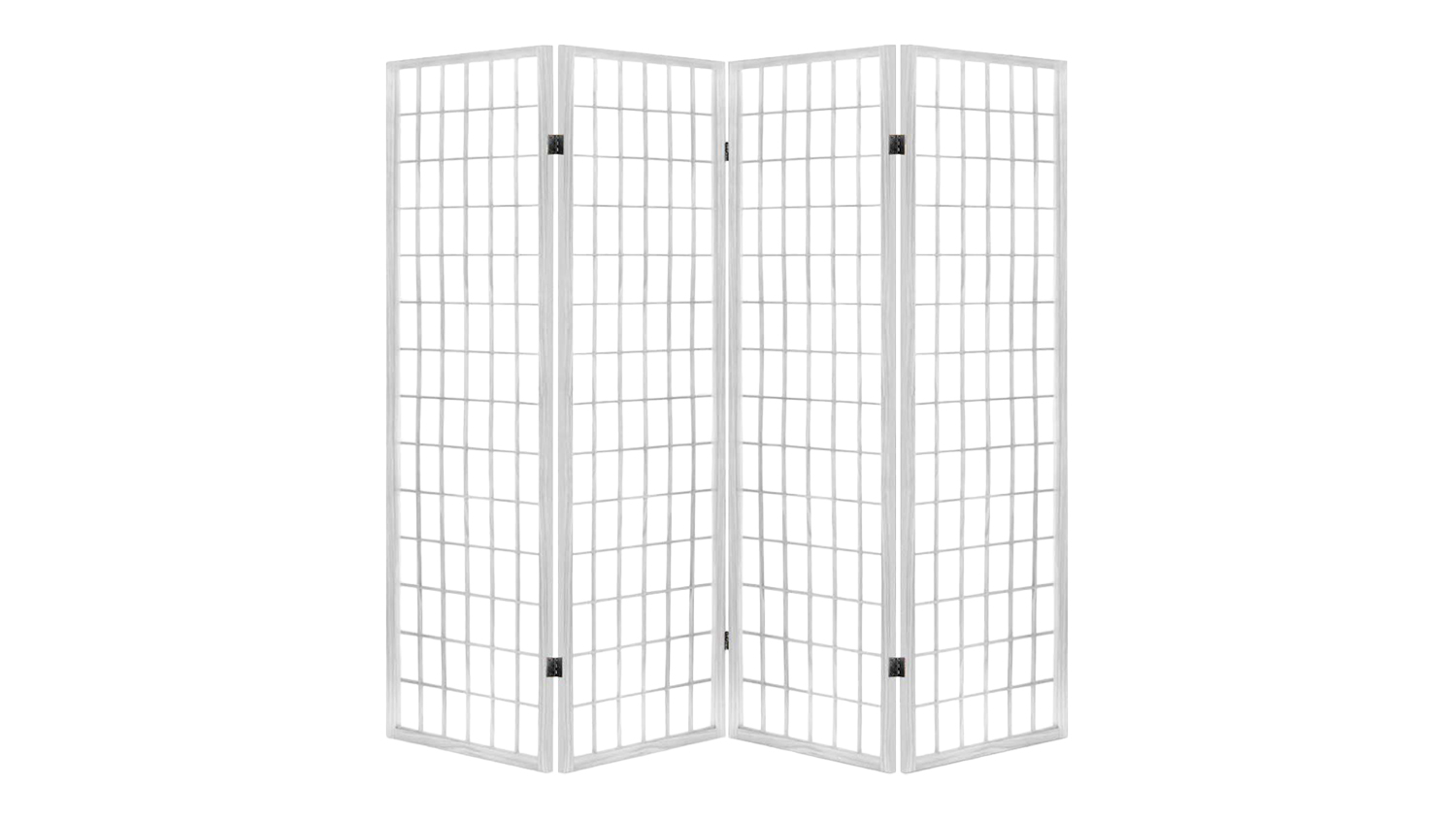 Four-panel white folding room divider with grid-pattern panels and a light wood frame