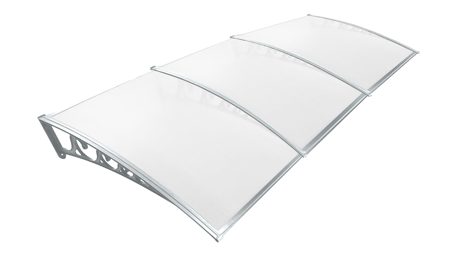 Transparent curved polycarbonate window awning with aluminium supports
