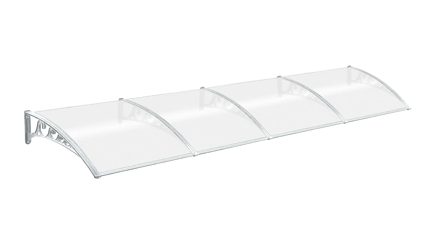 Transparent arched DS Window Awning C M2 with a four-panel polycarbonate canopy and wall-mounted supports