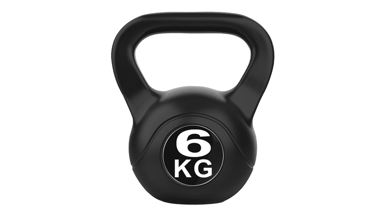 A front view of A black 6 kg cement kettlebell with a smooth, wide handle