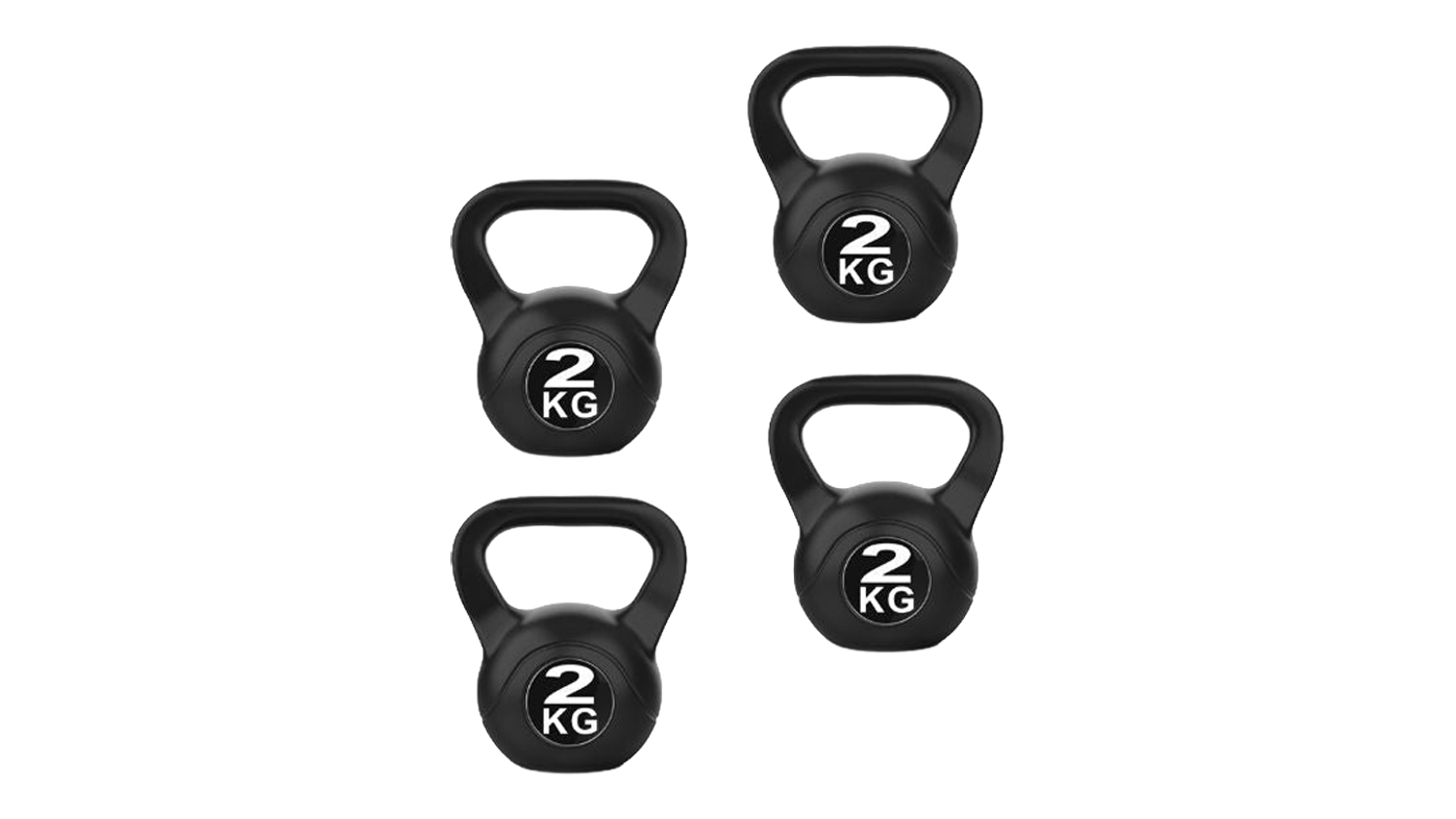 Four black PROTRAIN Cement Kettlebell 2kg arranged in a cluster