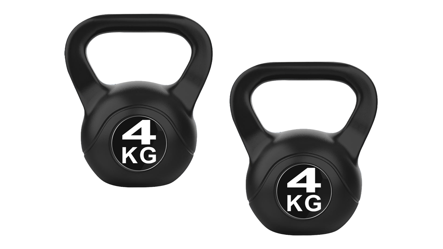 Two black PROTRAIN 4 kg cement kettlebells are displayed side by side