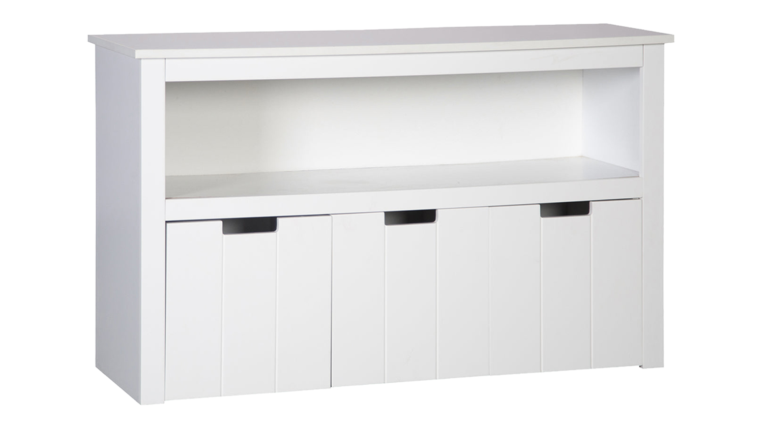 White kids’ storage unit featuring an open upper shelf and three bottom pull-out toy bins with grooved handles