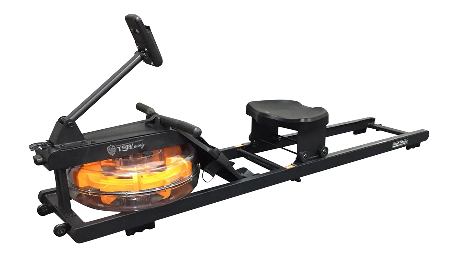 Black water rowing machine with resistance tank and padded seat