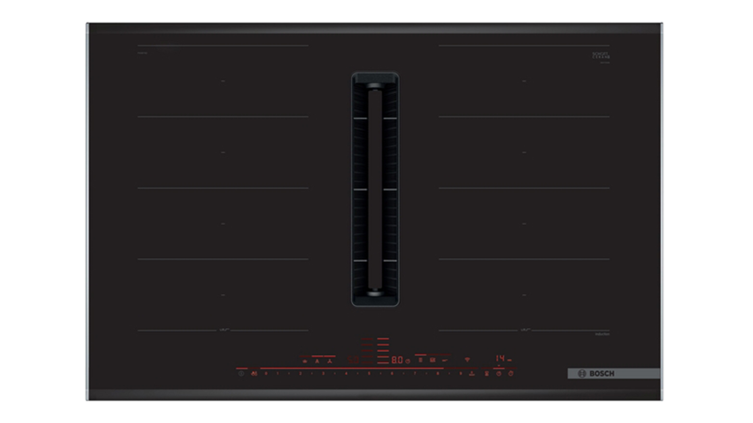 Front-facing view of the Bosch Series 8 induction cooktop featuring four induction zones and touch controls