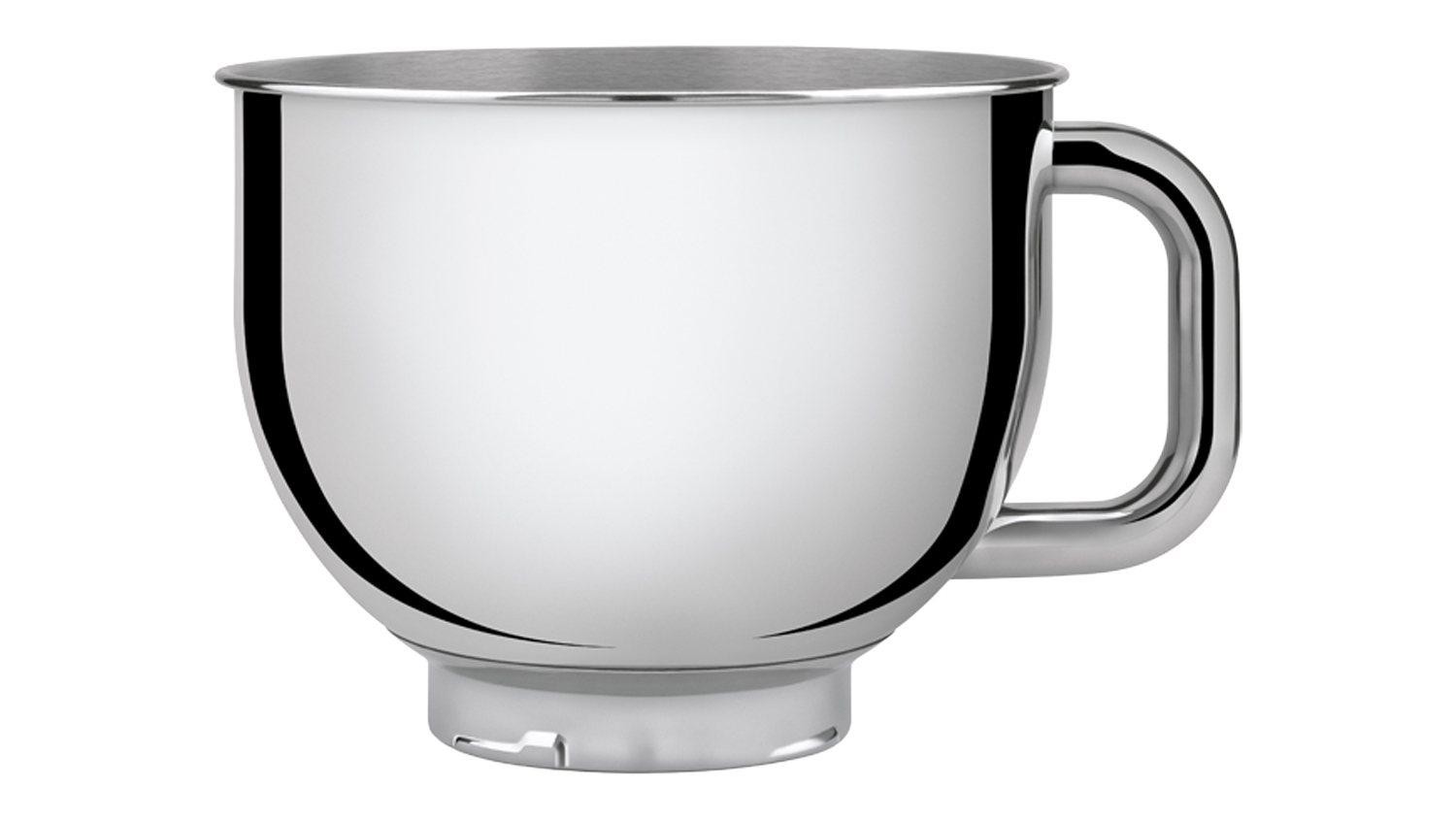 Side view of the Smeg 4.8L stainless steel mixer bowl, featuring a polished finish, rounded shape, and sturdy handle